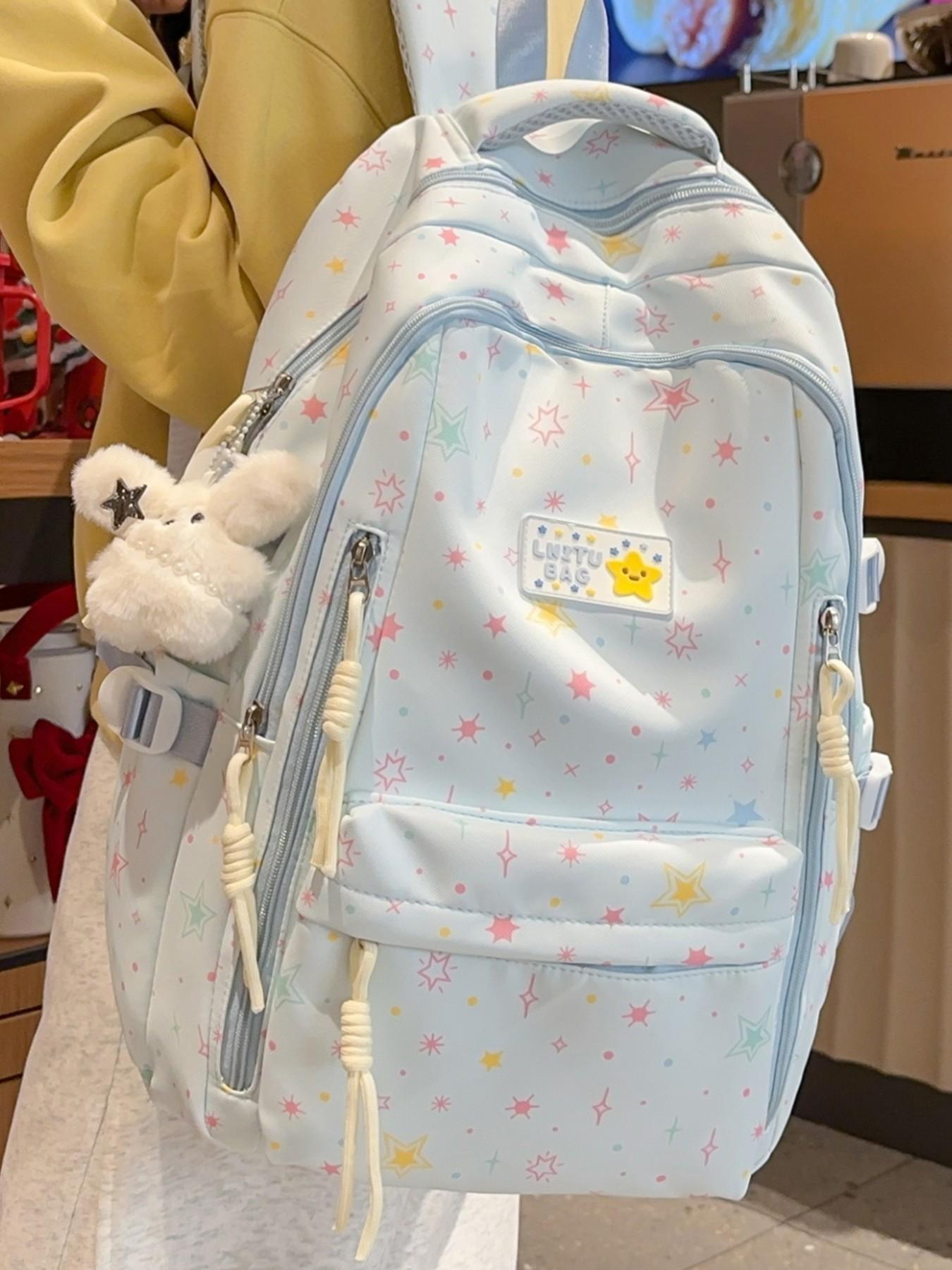 2026 New Cute Waterproof Fashion Star Pattern Backpack, High School Student Book Bag, Large Capacity Dual Shoulder Bag with Charm