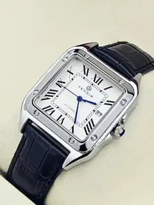 New Men's Square Roman Numeral Classic Analog Quartz Watch, Luxury Stainless Steel Case, Leather Strap, Waterproof, Business Formal, Date Display, Square Wristwatch, Business Fashion Watches, High Quality Watches