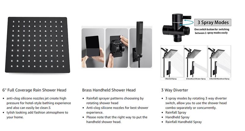 6/8"High Pressure Square RainShower Head and 2-in-1 HandShower.Equipped with 78"Hose, 3Way Diverter Valve,Adhesive ShowerHead Holder