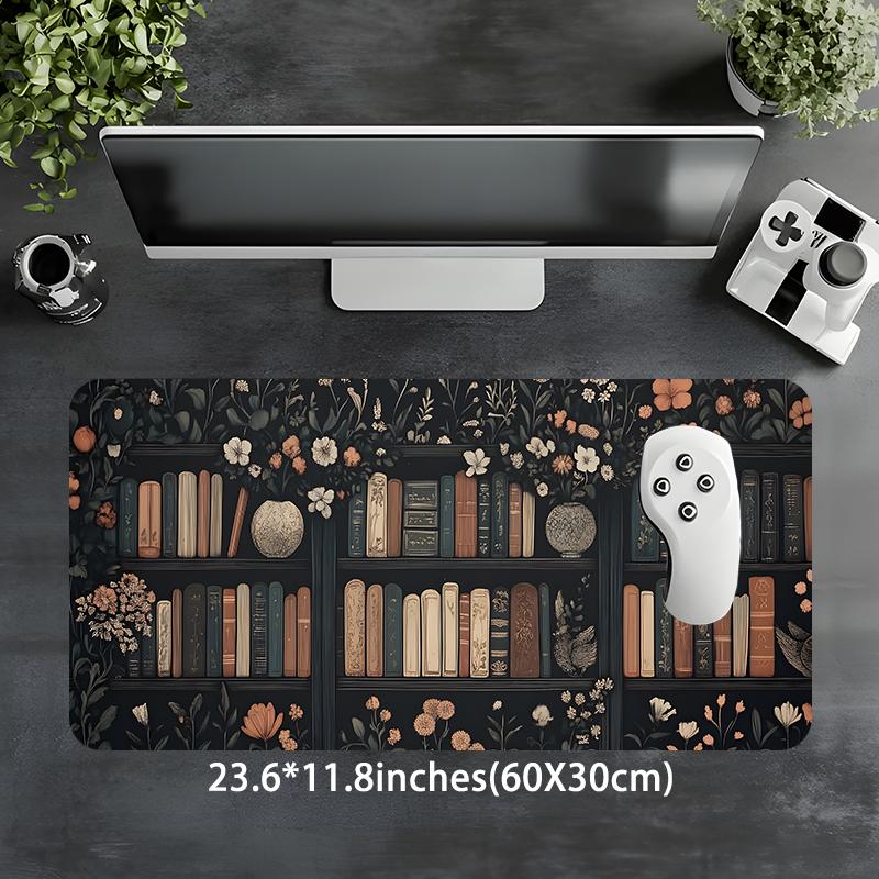 Floral Bookshelf Pattern Mouse Pad, Rectangle Gaming Mouse Pad, Non-slip Rubber Pad, Desktop Decoration Protective Pad for Home Office, Office Desk Accessories