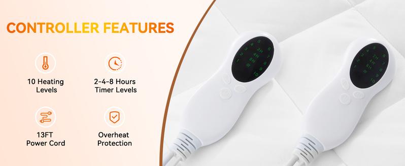 CK Heated Mattress Pad Dual Controller Electric Mattress Pad 10 Heat Settings, Side Storage Pouch, Fit Up to 18" Deep, Machine Washable Quilted