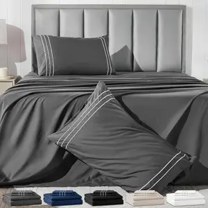 King Size 4 Piece Sheet Set with Embroidered Pillowcases,-Soft Microfiber Comfy Breathable & Cooling Bed Sheets, Deep Fitted Sheets and Hotel Luxury Cozy Flat Sheets, Dark Gray