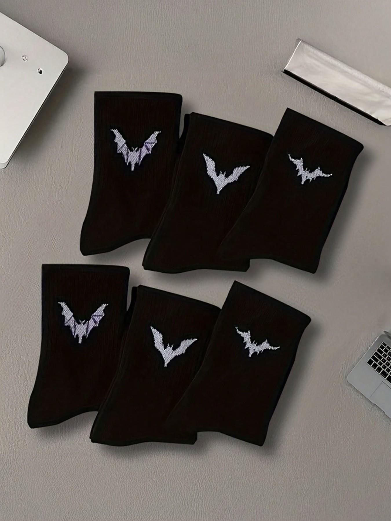 6 Pairs Men's Mid-Calf Socks, Bat Logo, Breathable, Anti-Odor, Sweat-Wicking, Casual Daily Wear, Student & Office Use