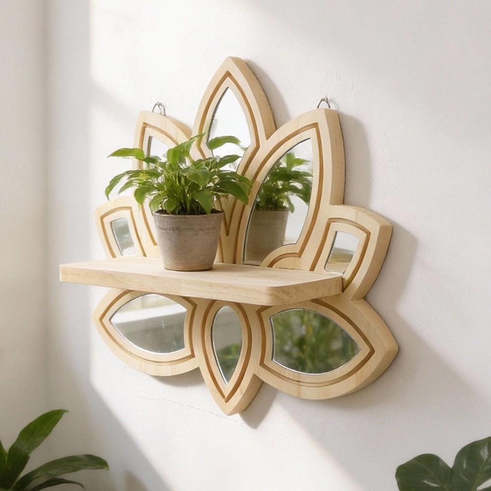 1pc Lotus Flower Wooden Wall Shelf with Mirror, 13.18" Boho Floating Shelf, Rustic Decor for Living Room, Bedroom, Bathroom, Yoga Room