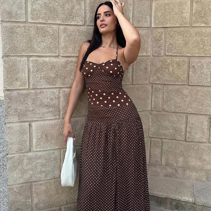 Women's Polka Dot Print Tie-neck Halter Dress, Bust Twisted Ruched Sleeveless Backless A-line Slip Dress, Party Club Date Holiday Beach Vacation Daily Casual Sweet Cami Maxi Long Dresses For Ladies Summer Fashion Clothes Wear