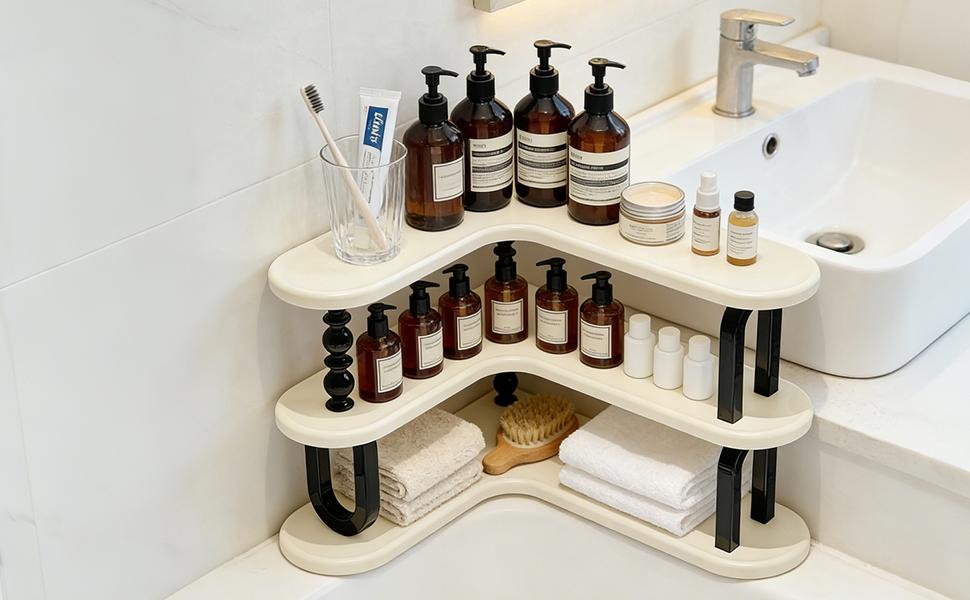 Countertop Organizer Storage Rack, Three-Layer Adjustable Corner Shelf, Ideal for Kitchen Bathroom Spice Rack Coffee Area Sink Top Vanity, Bathroom Organization