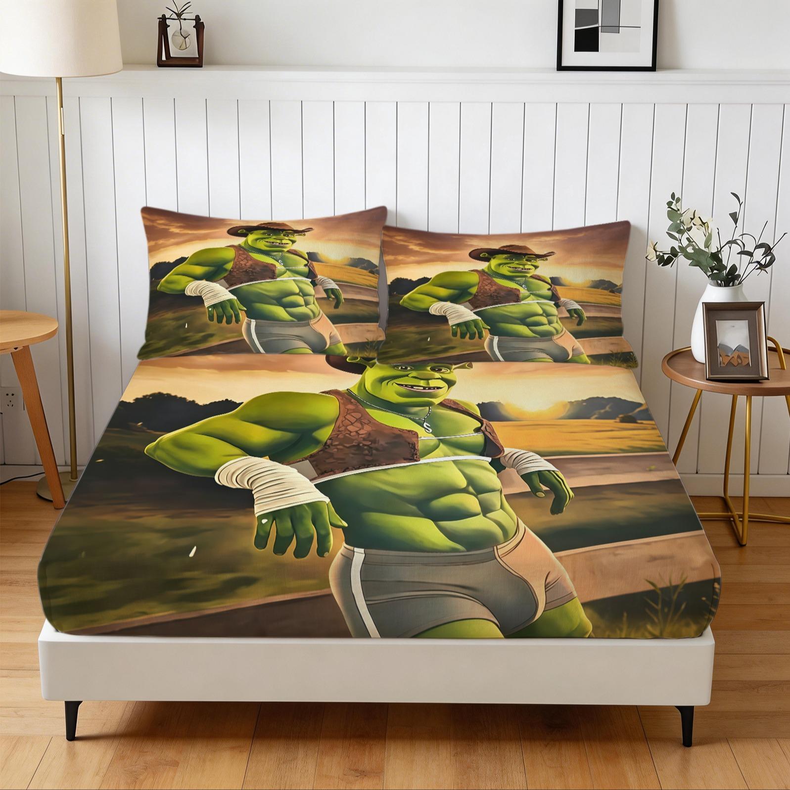 3-Piece Shrek Pattern Fitted Sheet Set, Soft And Durable Bedding Set Including 1 Flat Sheet And 2 Pillowcases, Daily Holiday Birthday Gift Bedroom Decorations For Kids And Adults