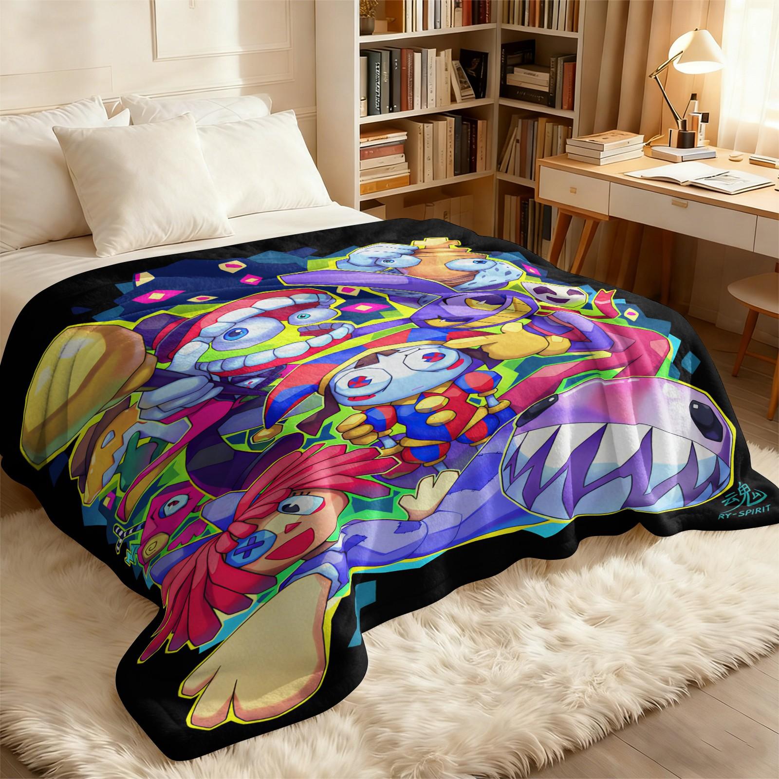 Trendy Digital Circus All-Character Print Blanket, Cartoon Anime Peripheral Flannel Nap Blanket, Warm Sofa Cover Blanket for Home & Student Dorm, Flannel Cozy Blanket