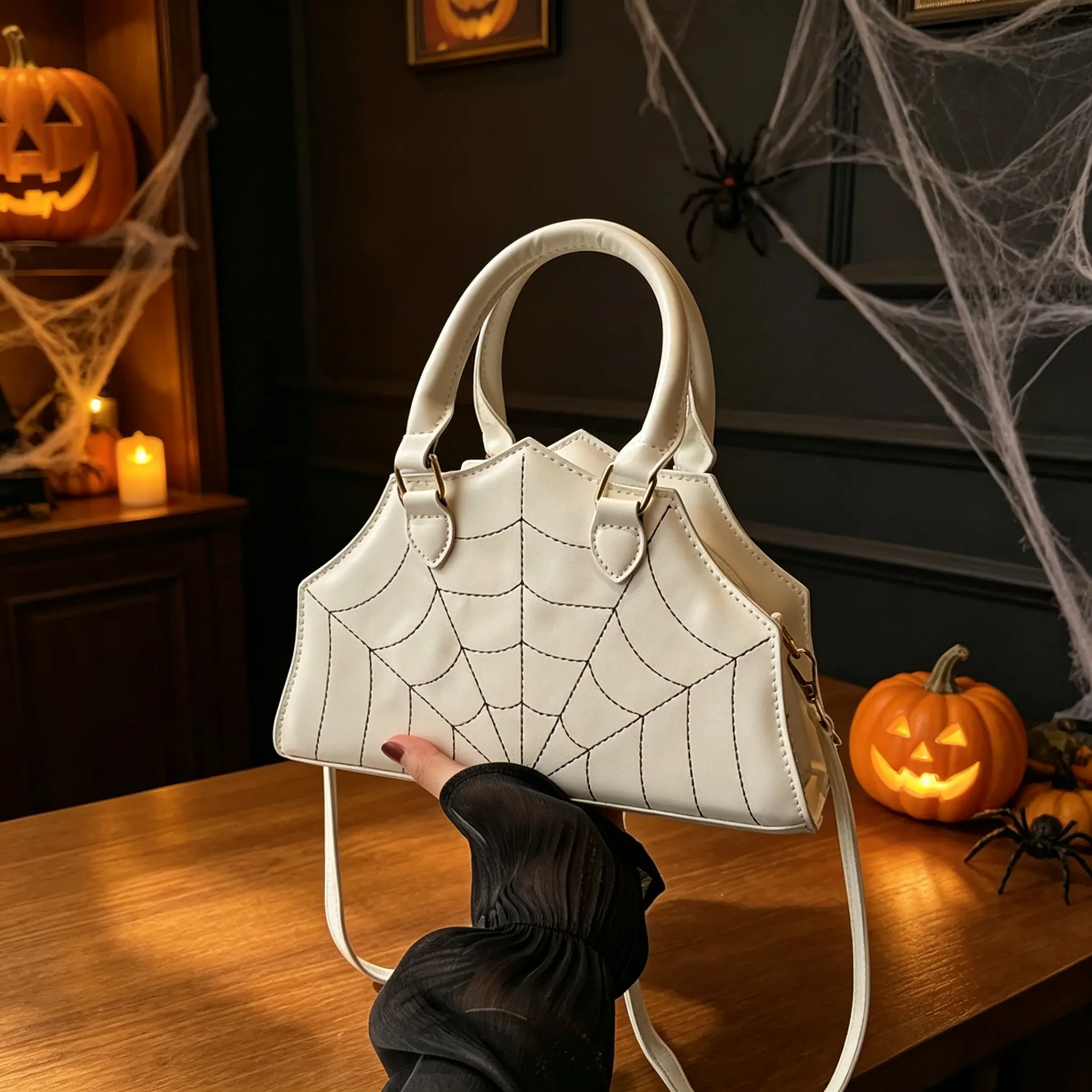 Fashionable women's crescent bag, spider web style, can be carried by hand, on the shoulder, or crossbody. Casual, stylish, and simple. Looks great and is suitable for Halloween, parties, daily commuting, etc.