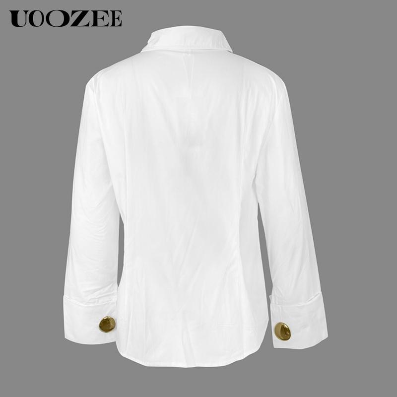 UOOZE Women's long-sleeved Slim Fit button-down solid color lapel shirt top, 100% cotton, embellished with gold buttons, suitable for multiple occasions all seasons blouses (One Size Up Recommended for C - Cup and Above) Casual cute fall outfits