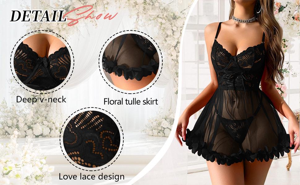 Women's Red Floral Lace Sheer Mesh Babydoll Lingerie Set - Polyester Fits, Spaghetti Straps, Front Tie Chemise Dress With Matching Thong, Valentine's Romantic Sleepwear, S-XL, Babydoll Set, Romantic Gifts For Girlfriend, Women's Lace Set