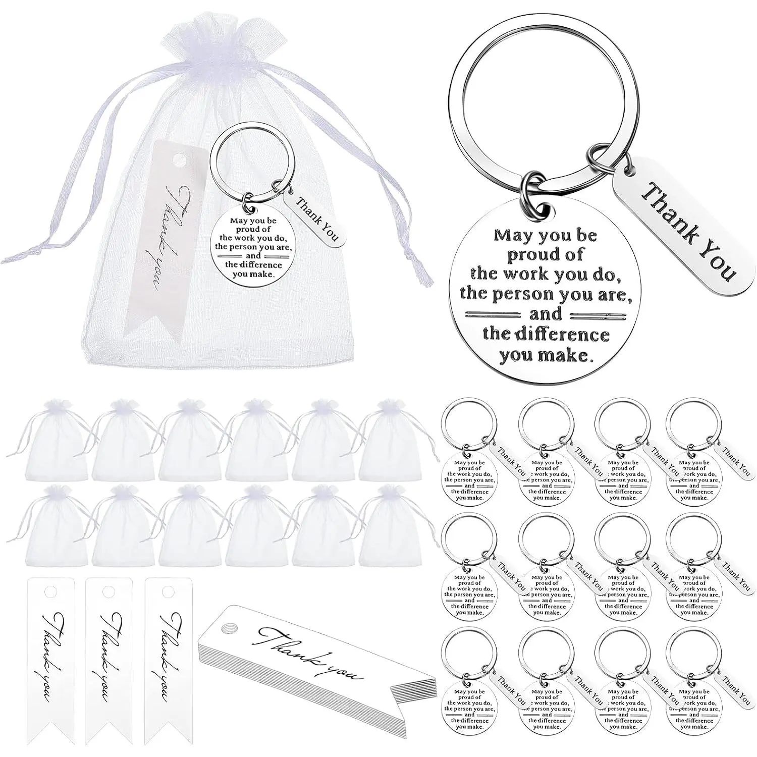 36 Silver Steel Keychains with Organza Bags and Cards - Bulk Festive & Party Supplies for Employee Appreciation Gifts