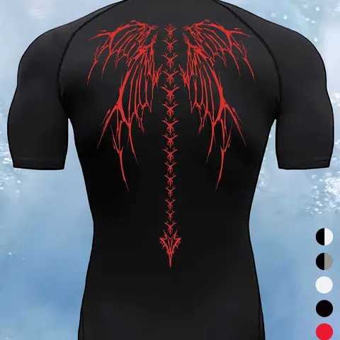 Men's Wing Print Compression Sports Tee, Quick Drying Breathable T-shirt for Summer, Comfy Men's Sportswear for Outdoor Gym Running Athletic Compression Shirts Fitness T Shirt Compression Tees