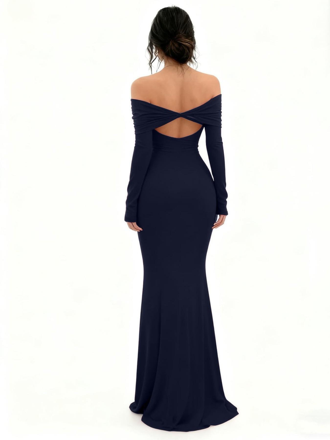 Elegant Long Sleeve Split Back One-Shoulder Dress, Sexy Bodycon A-Line Midi Dress, Perfect for Special Occasions, Women's Fashion