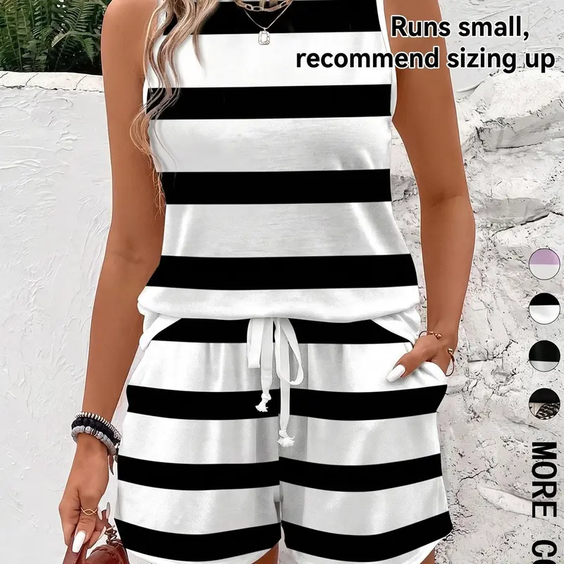 Two-piece Set Women's Striped Print Tank Top & Shorts, Striped Knit Sets, Casual Sleeveless Lightweight Top & Shorts for Summer, Ladies Clothes Outfit for Daily Wear, Casual Everyday Set, Womenswear