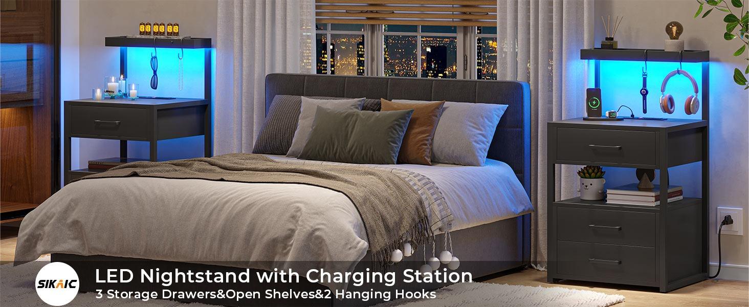 Sikaic LED Nightstand With Charging Station 2 USB Ports And 2 AC Outlets And 3 Drawers Open Storage Led Nightstand Shelf Modern Desk Bedroom Set Bedside Cabinet Lighted Vanity Table End Table