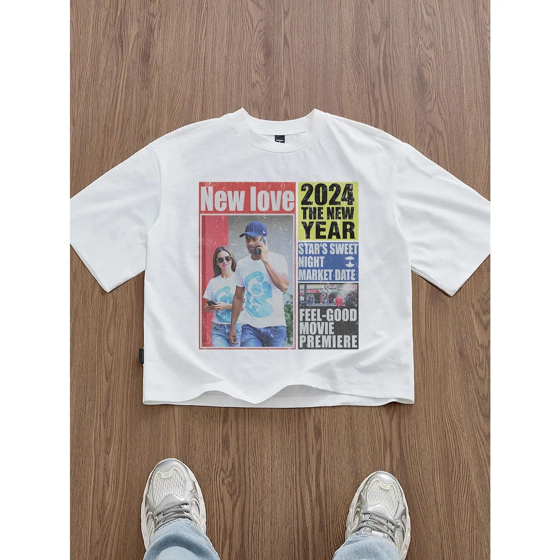 Men's Vintage News Collage Portrait Printed Crop T-Shirt - White, Retro Block Letter, Unisex Short-Sleeve, Oversized Streetwear, Casual Fabric, Relaxed Fit