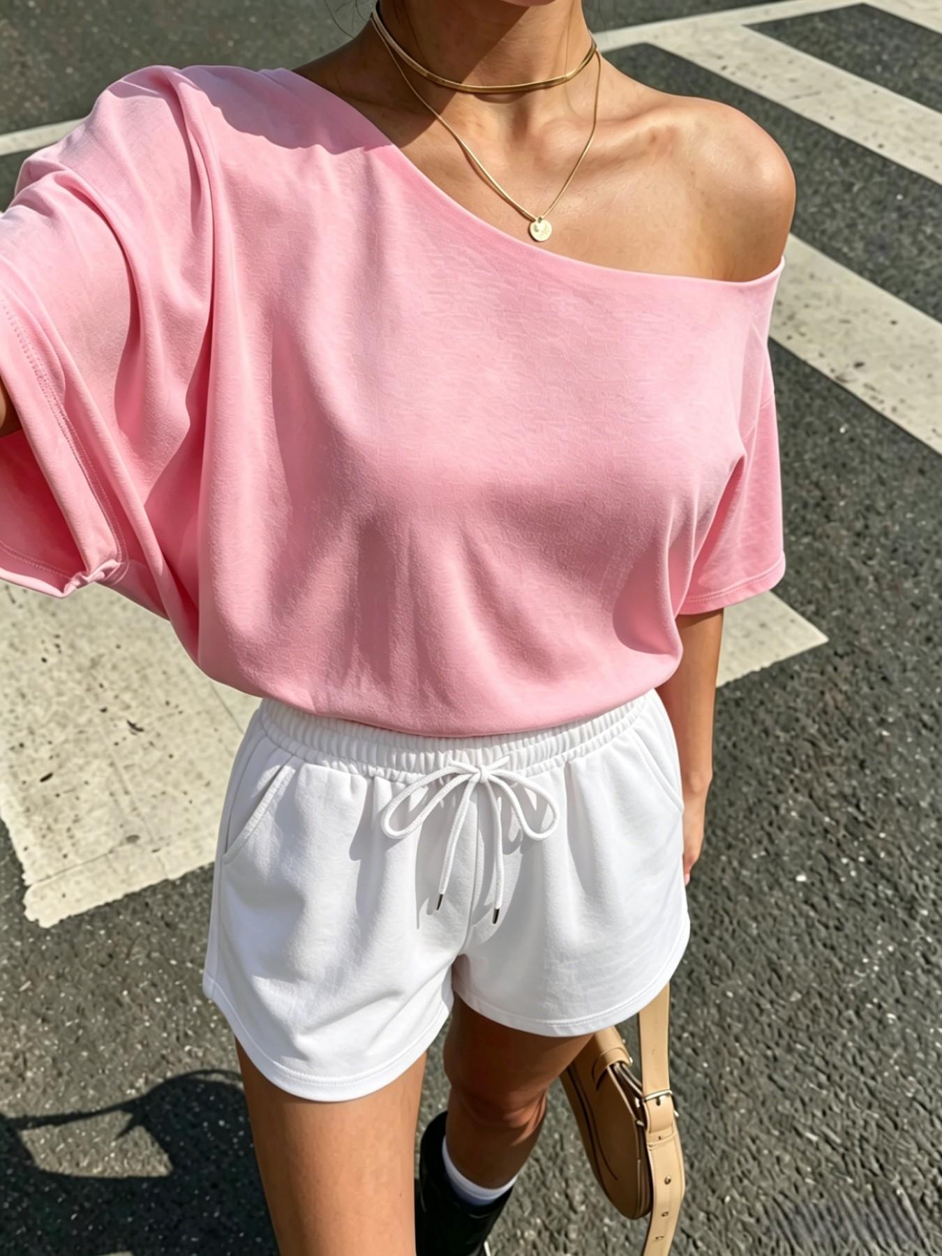 Women's 2-Piece Set, Off-Shoulder Loose Short Sleeve Top & Adjustable Drawstring Shorts, Summer Plain Casual Sporty, Versatile for Various Occasions, Outfit, Clothes