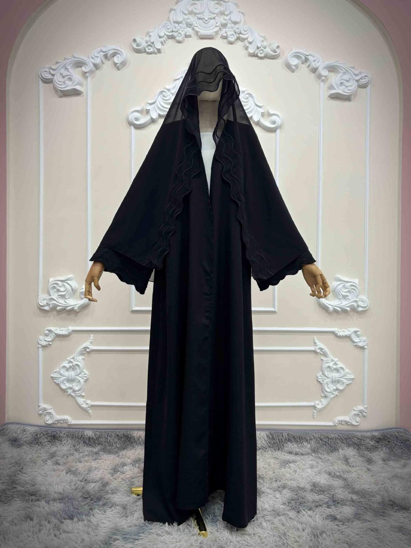 Hafizah Simple Line Embroidered Long Commuter Cardigan Set, Flowy Outerwear + Headscarf Two-Piece Set, Daily Commute Elegant Women's Clothing