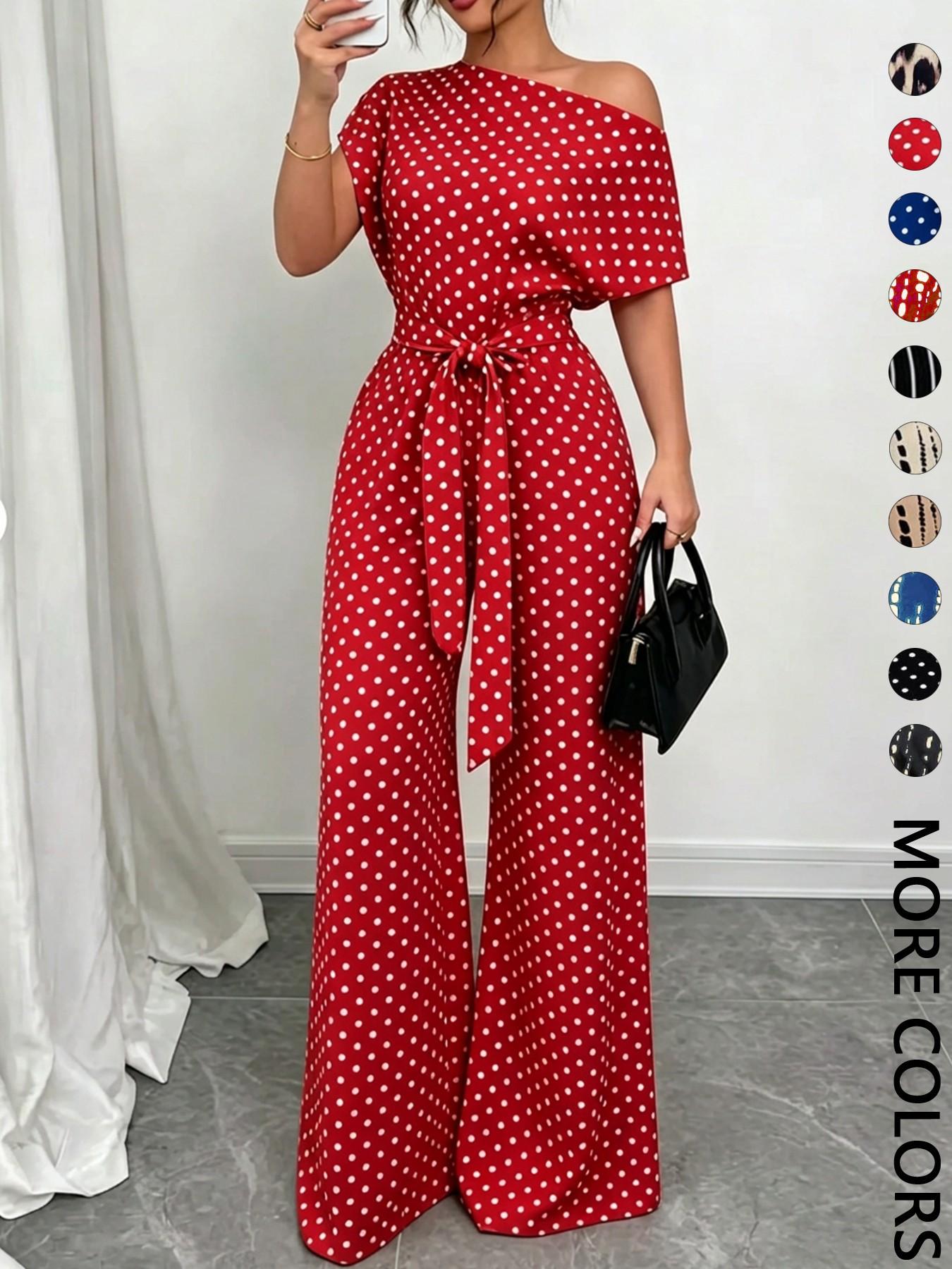 Women's All Over Print Tie Front Jumpsuit, Casual Asymmetrical Neck Jumpsuit for Spring & Fall, Women's Clothes for Daily Wear
