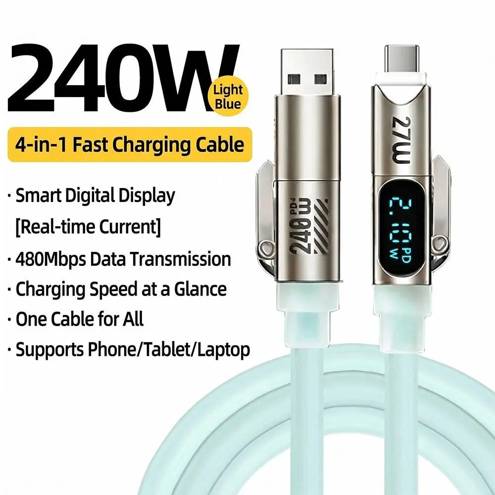 1conut 4-In-1 Fast Charging Cable, 240w USB-A/USB-C/lightning Adapter, Digital Display, Rainbow LED, Compatible with iPhone, Samsung, Android, Laptops