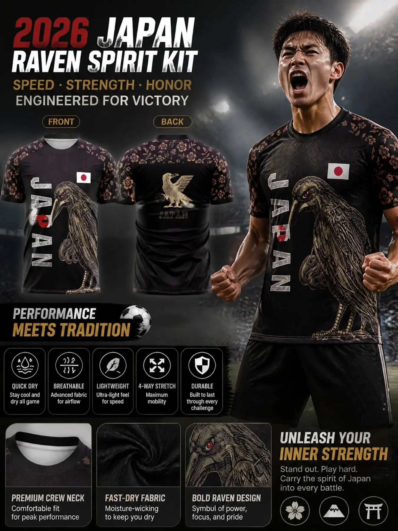 2026 Japan National Team Soccer Jersey, Gold Giant Cherry Blossom Print, Lightweight Jersey, Quick-Dry Breathable, Four-Way Stretch, Patriotic Gift