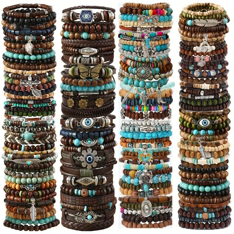Unisex Vintage Style Bohemian Wood & Turquoise Mixed Beaded Bracelet Set - Stackable Stretch Strand, Adjustable Customizable Fit, Casual Daily Wear Accessory