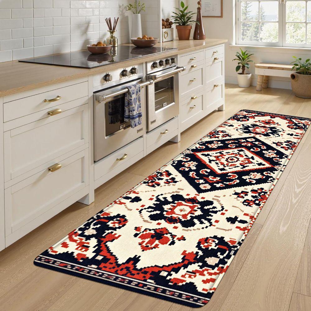 1PC， Red, White and Black Geometric Pattern strip rugs, home décor, bathroom mats, entryway mats, bathroom non-slip mats, indoor entrance rugs, bedroom bedside mats, kitchen mats, hallway rugs, flannel sponge rugs, hallway runner rugs
