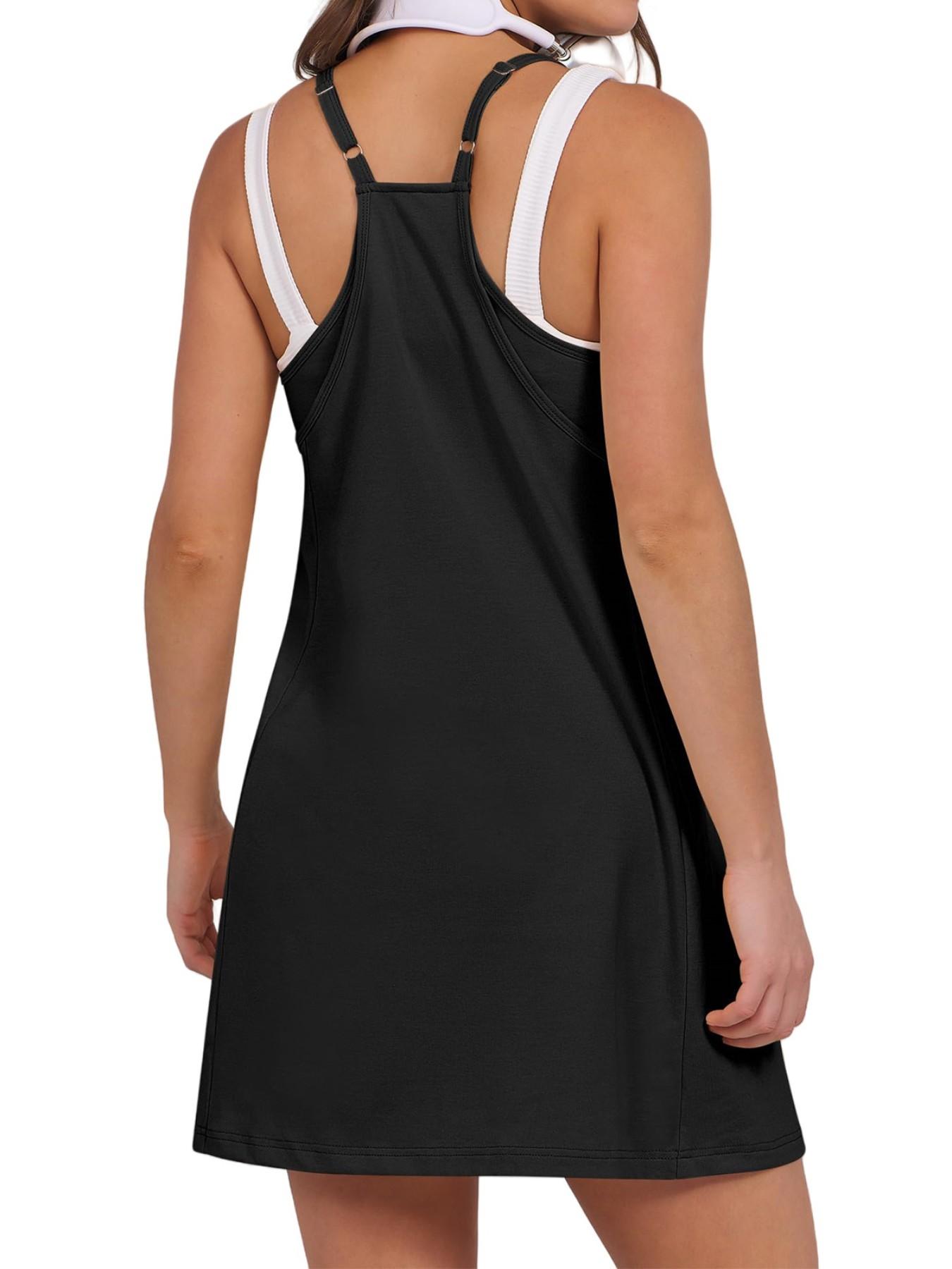 2026 Women's Athletic Sleeveless Mini Dress, Summer Square Neck Spaghetti Strap, Casual Loose-Fitting with Pockets, Plain Knit