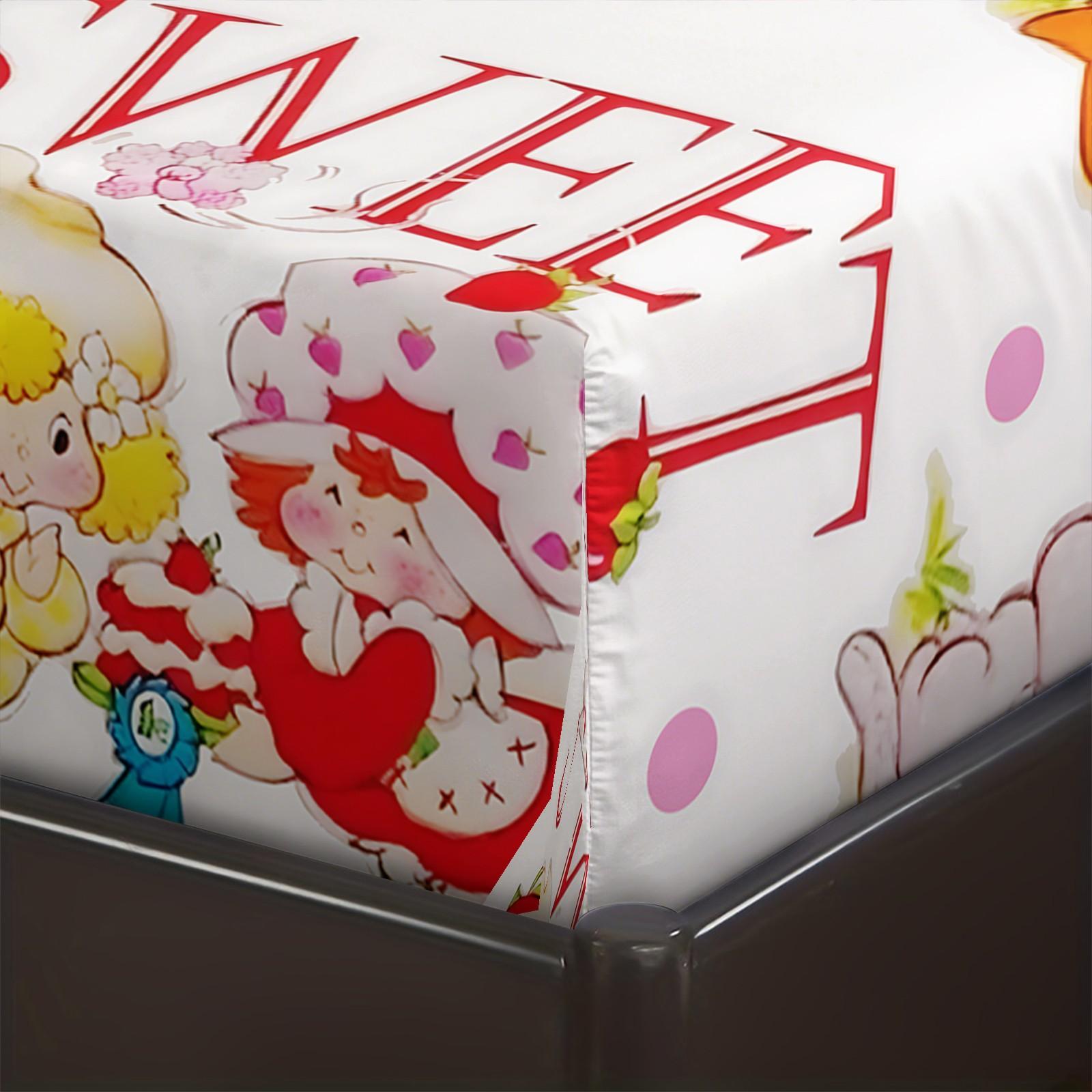 Strawberry Shortcake Big Sweet Fitted Sheet Set, 1 Fitted Sheet + 2 Pillowcases - 3 Pcs Soft Bedding with Deep Pocket, 360° Full Coverage, Wrinkle Free, Cute Sweet Letter Print Cartoon Bed Sheets for Girls, Full Size