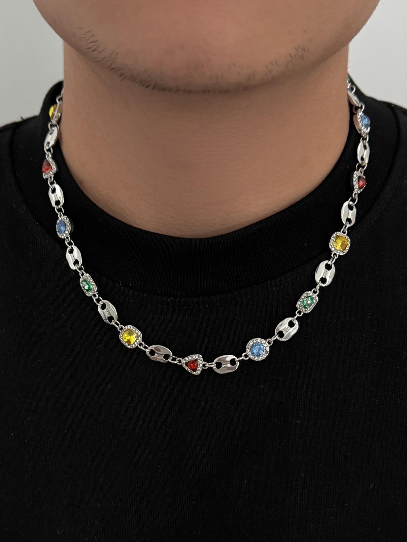 Men's Colorful Gemstone Necklace with Rhinestones, Elegant Rhinestone Necklace, Casual Jewelry for Daily Wear, Party & Holiday Accessories