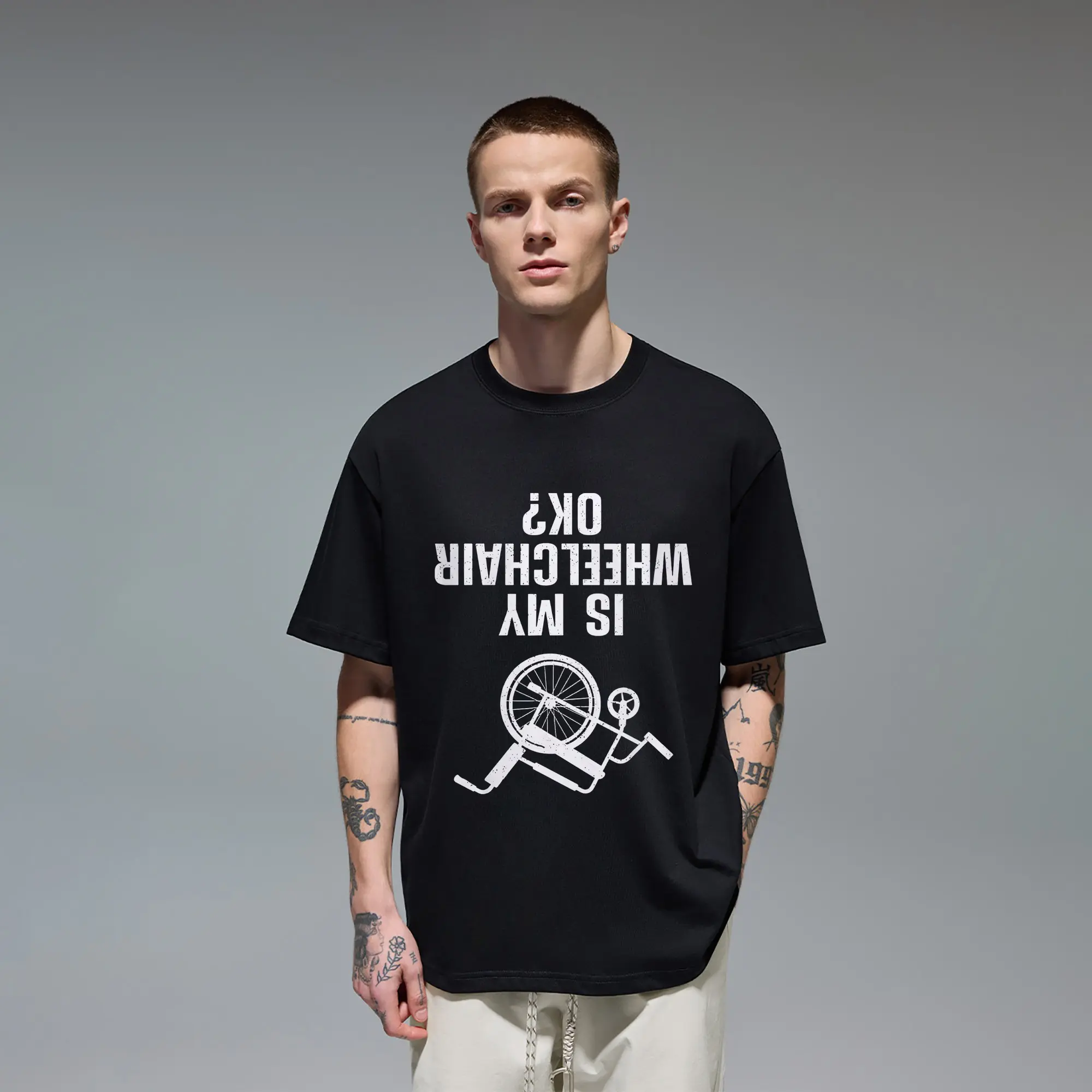 Funny Wheelchair User T-Shirt Is My Wheelchair OK Upside Down Graphic Tee Disability Humor Novelty Gag Gift for Men Women Paraplegic Amputee Handicap Sarcastic Joke Recovery Hospital Present Casual Everyday Wear Inclusive Black Top