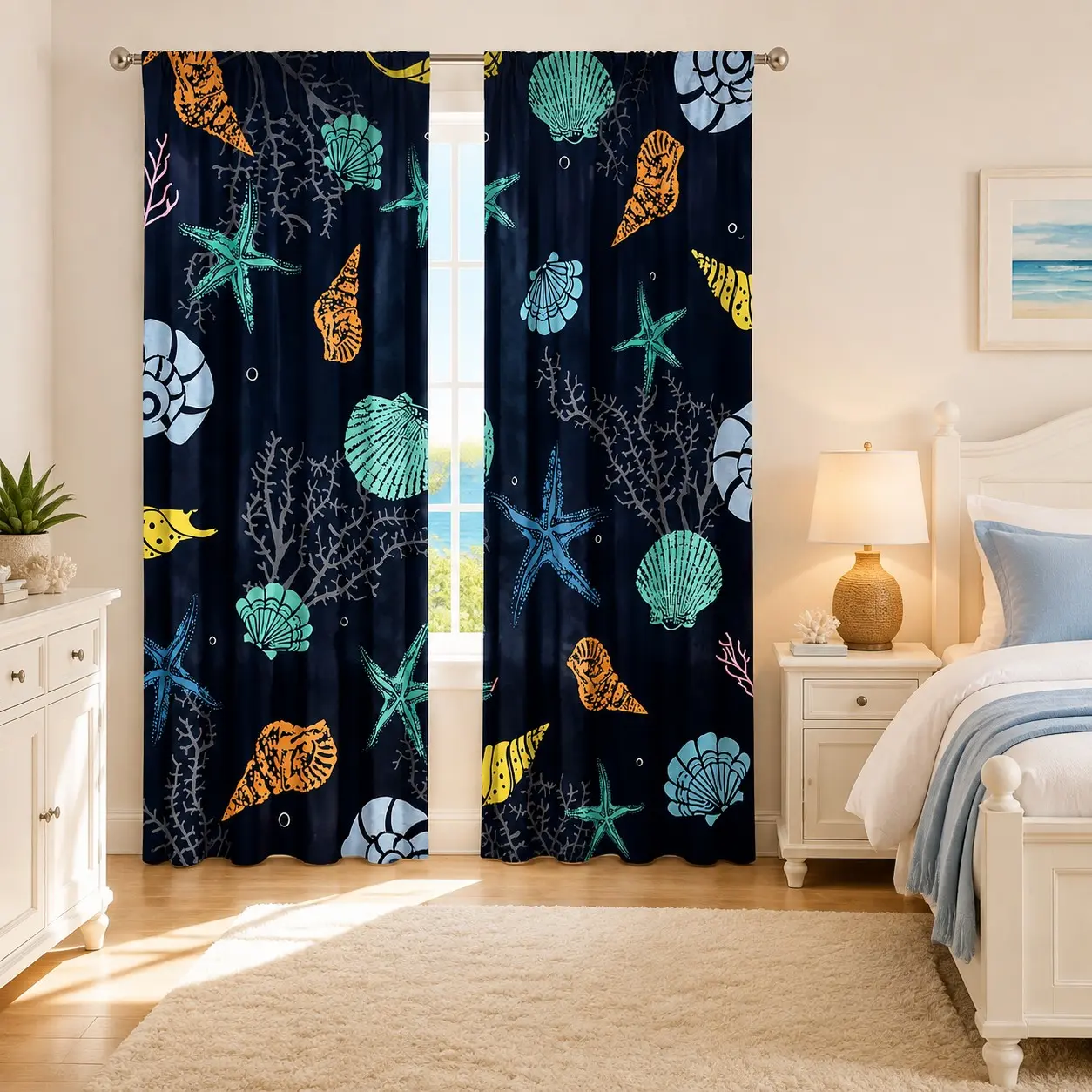 Two-Piece Ocean Shell Print Curtains, Background with Colorful Starfish, Conch, Coral Patterns, Ideal for Bedroom and Living Room