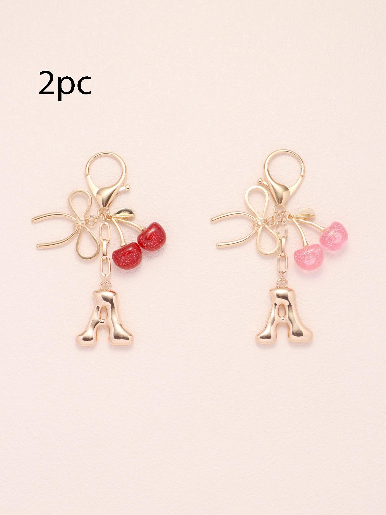 2pc Bubble Letter A-Z Keychains, Cute Initial Pendants, Metal Butterfly & Acrylic Cherry Decor, Personalized Bag Charms