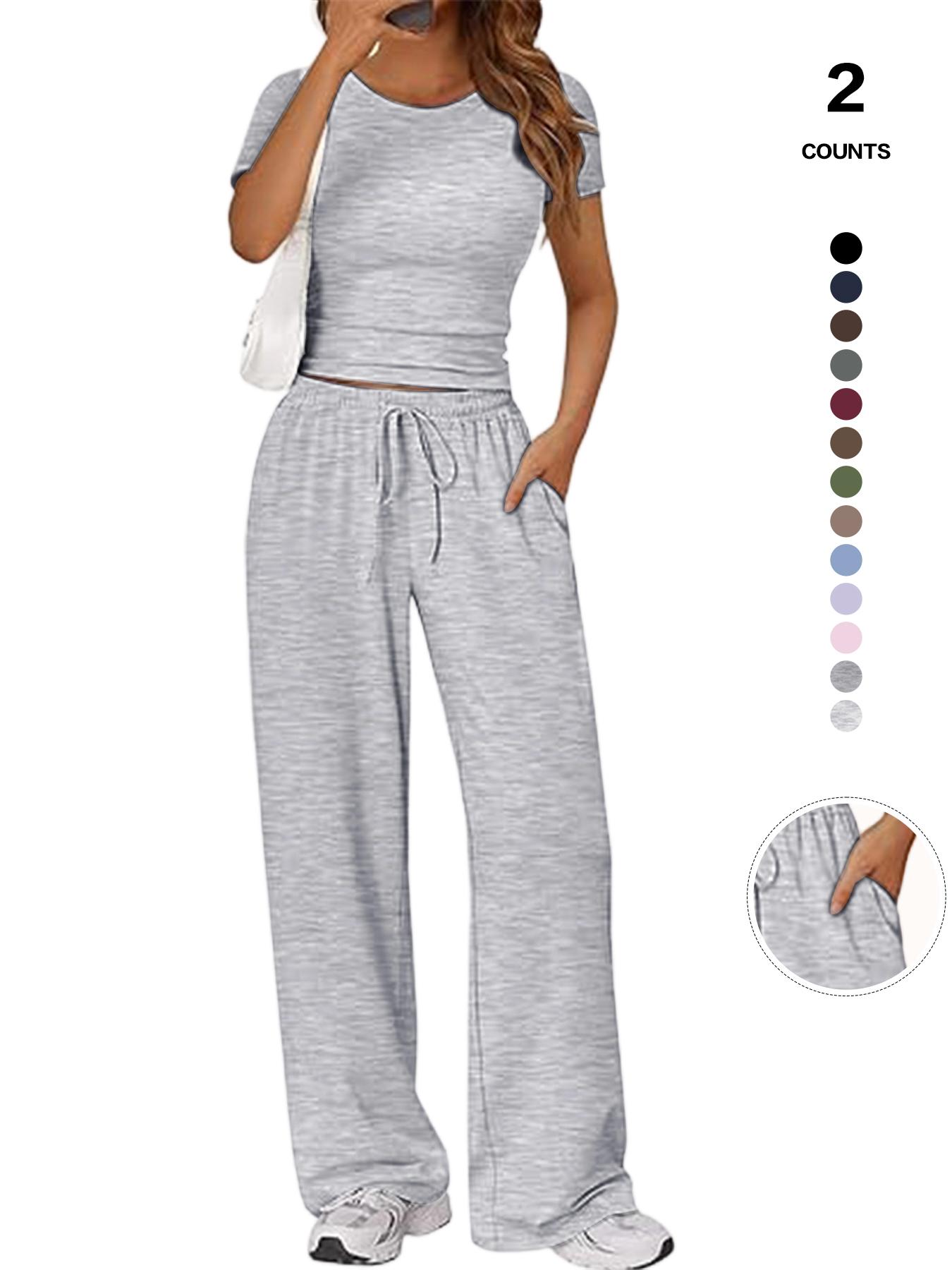Women's Spring Summer Casual Set, Round Neck Short Sleeve Top & Wide Leg Pants, Slim Fit Home Wear, 2 Piece Comfortable