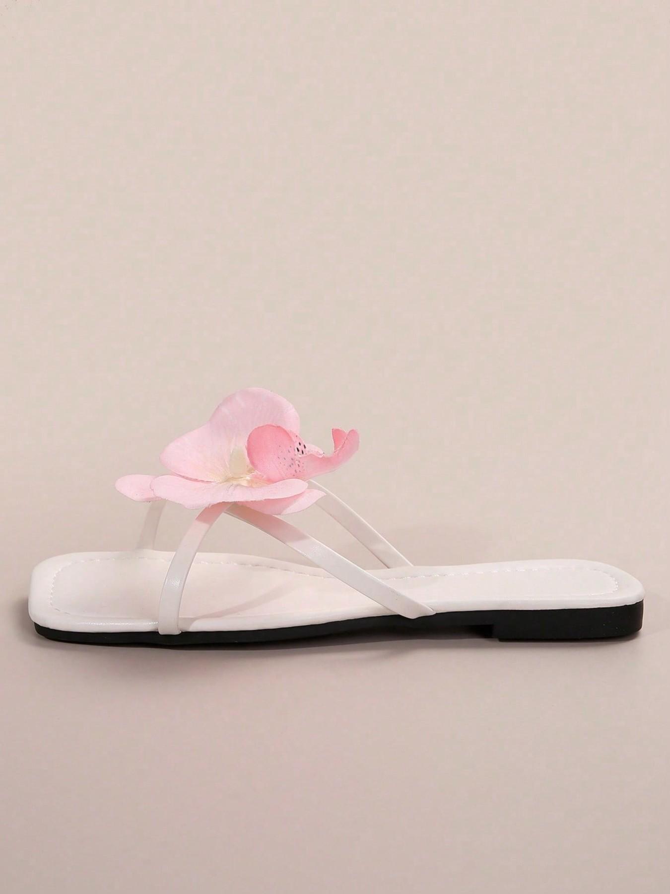 French Flat Flower Elegant Floral Design Sandals for Women, Summer Fashionable Square Toe PVC Shoes, Perfect for Parties, Beach, and Daily Wear, Flat Sole Sandals