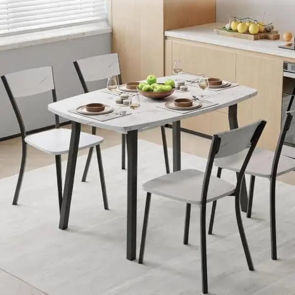 GARVEE 5 Piece Dining Table Set for 4, Marble White 43 Inch Kitchen Table and Chairs, Trapezoid Back Chair, Rounded Corners, Space Saving for Small Space, Dining Room