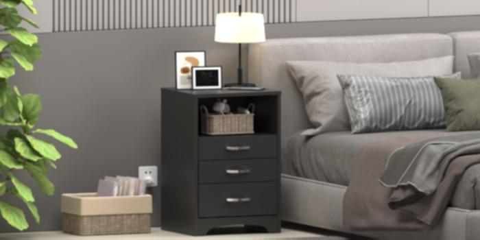 Vabches 3 Drawers Black Nightstand with Charging Station, Side Table with Open Storage Bedside End Table Night Stand Storage Cabinet for Bedroom
