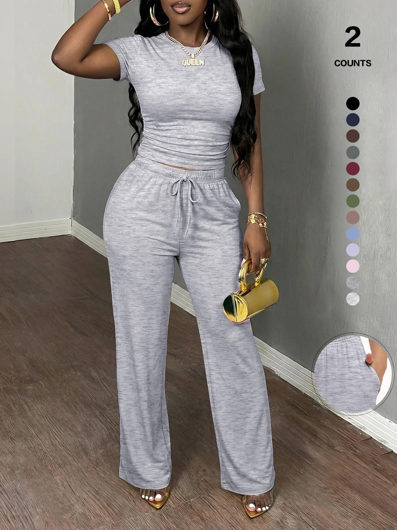 Women's Spring Summer Casual Set, Round Neck Short Sleeve Top & Wide Leg Pants, Slim Fit Home Wear, 2 Piece Comfortable, Casual Fashion Set