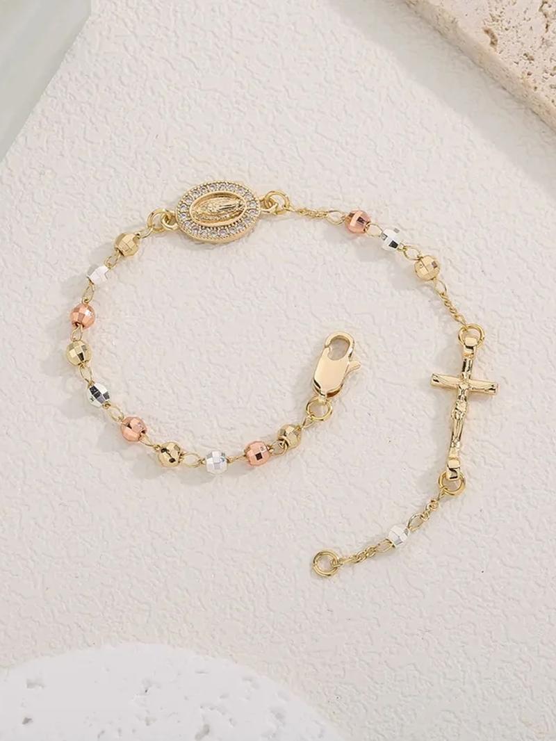 Women's Elegant Our Lady of Mary Design Bracelet, Fashion Religious Faith Jewelry with Cross, Trendy All-match & Exquisite Jewelry for Birthday Gift, Beautiful Bracelets