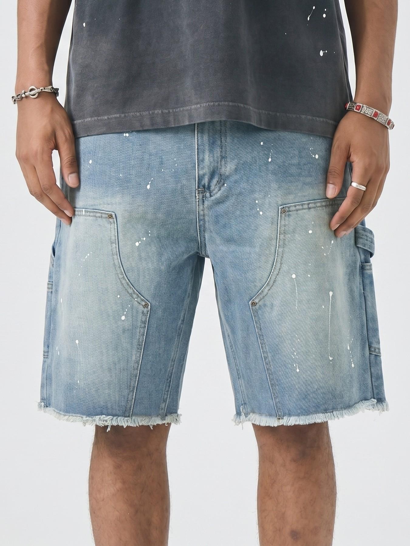 Men's Summer Washed Ink Splatter Distressed Ripped Denim Jeans Shorts, Casual Loose-Fit Straight-Leg Hip Hop Streetwear Shorts with Pockets