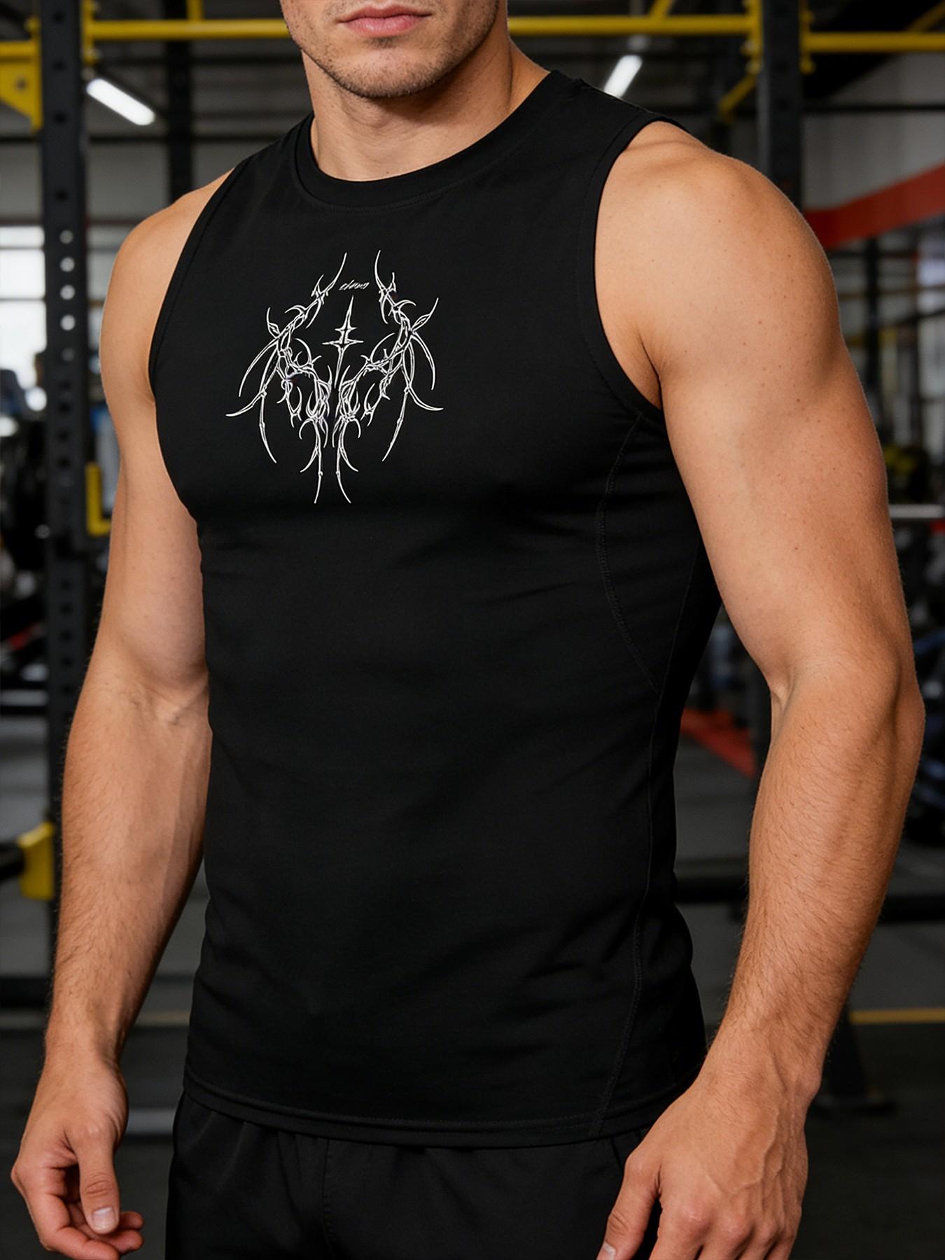 Y2K Aesthetic Compression Tank Top Men Summer Athletic Quick Dry Sleeveless Gym Workout Vest Gothic Tribal Star Cross and Thorn Graphic Print Sport Muscle Tee