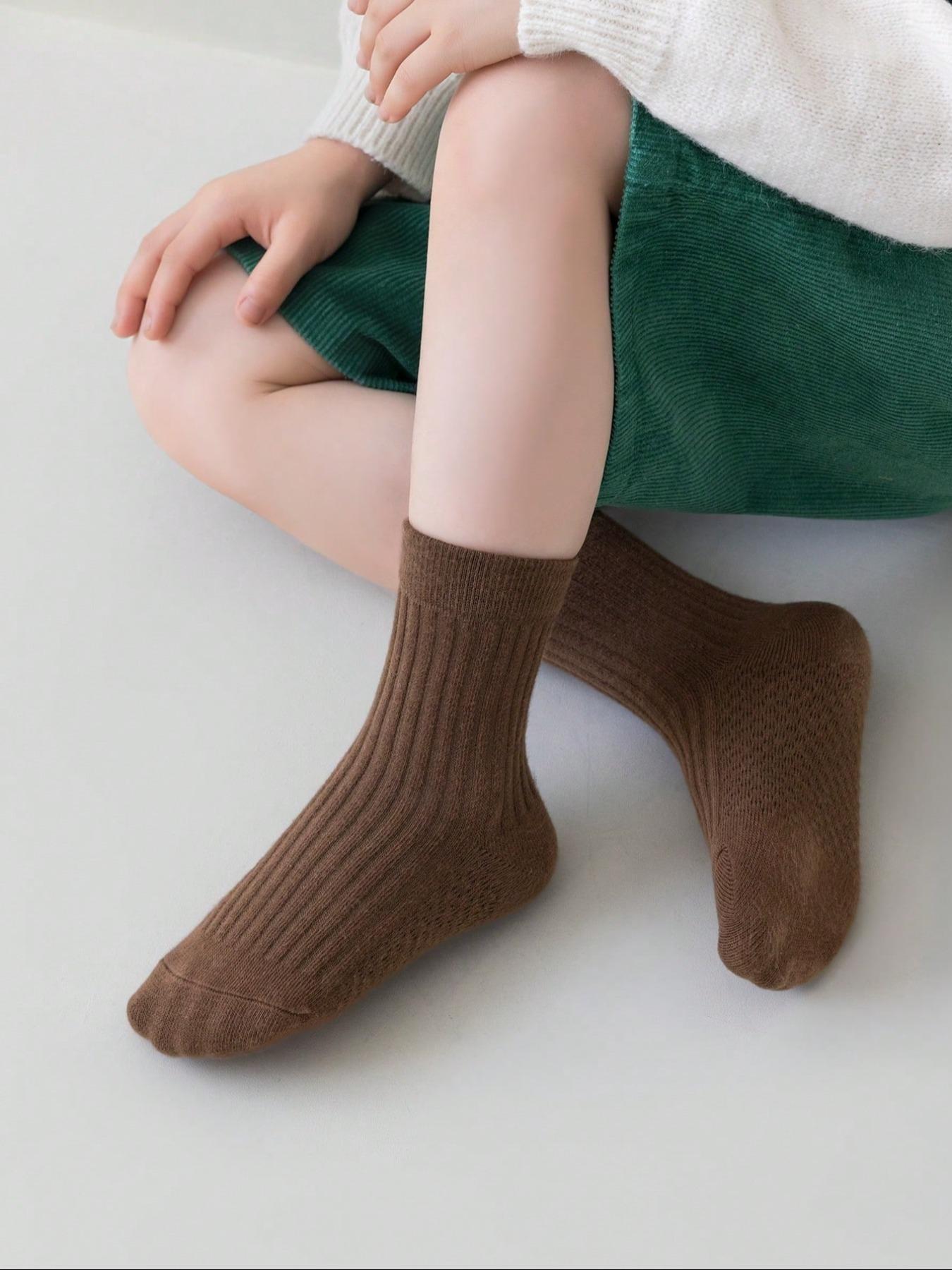 5 Pairs Kids Mid-Calf Socks, Boys Girls Infants, Solid Striped, Massage Pineapple Sole, All Seasons, Thin, Daily Wear