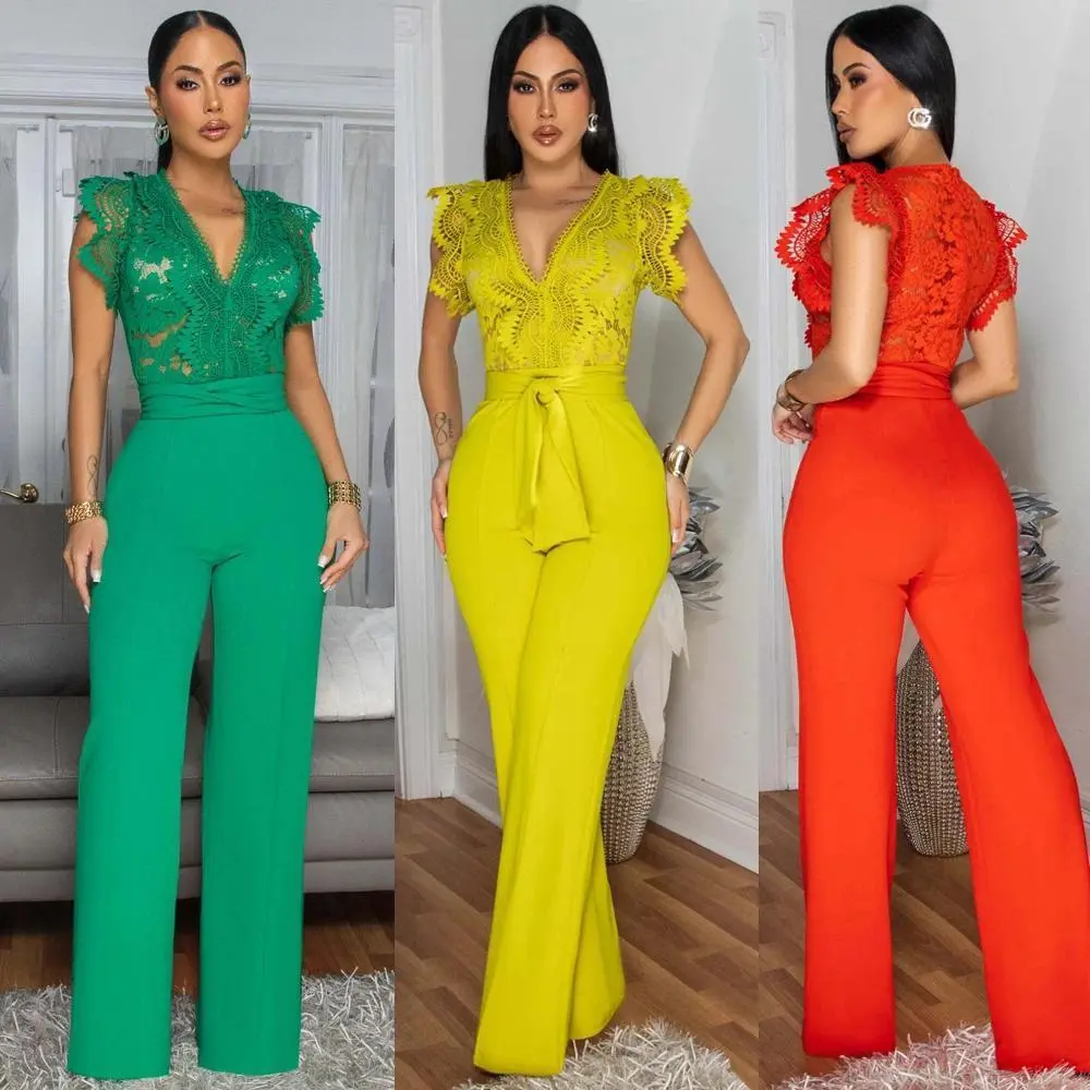 Women Outfits Elegant Luxury One Piece V Neck Romper Bandage High Waist Sexy See-Through Lace Patchwork Sleeveless Jumpsuits