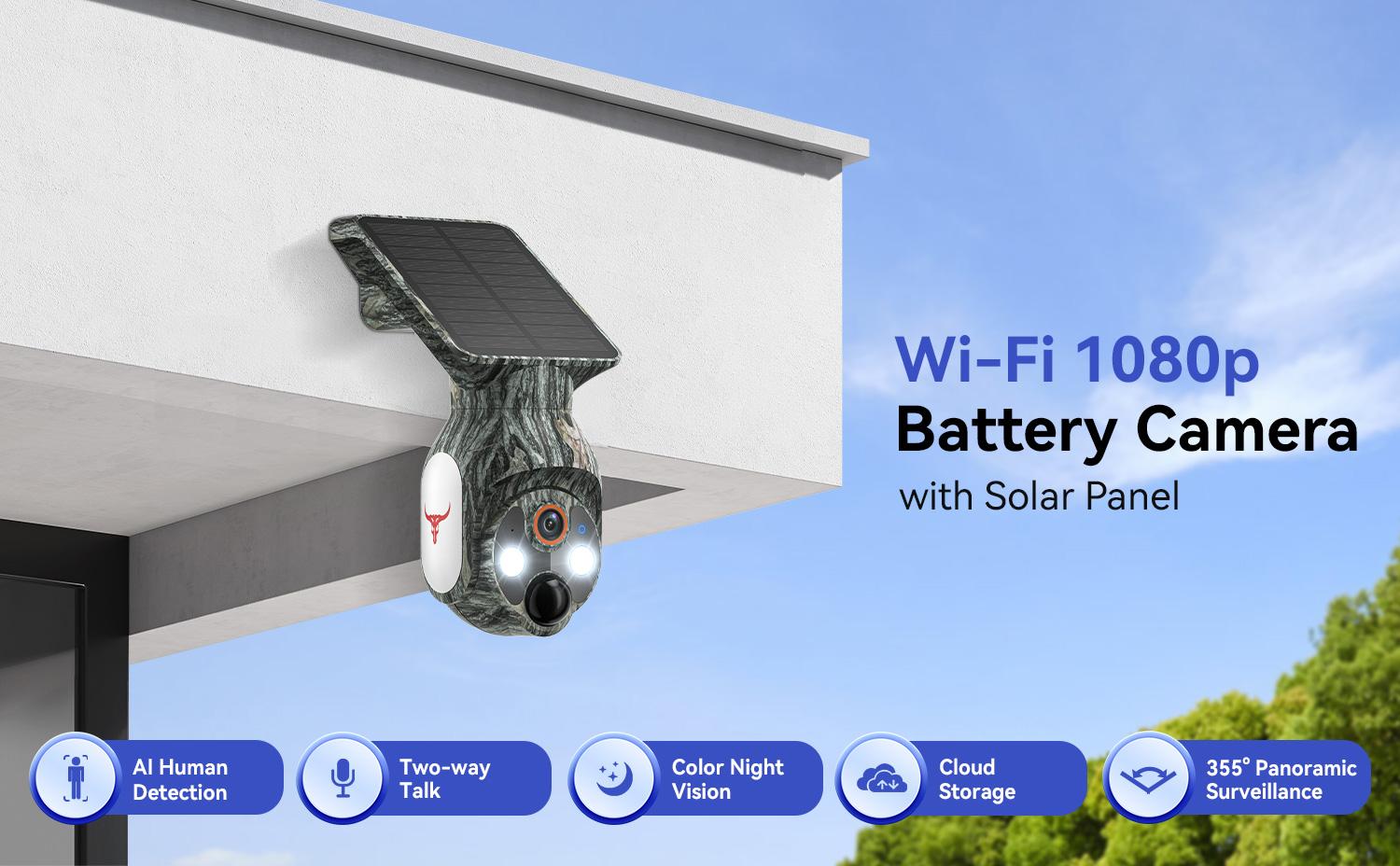 Wireless Outdoor Security Camera with Solar Panel, 355° Pan/Til Solar Surveillance Camera with AI Human Detection, 2-Way Talk, Color Night Vision, 2.4G WiFi Only, Motion Sensor Security Camera
