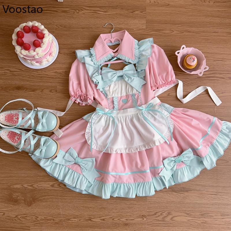 Women's Anime Lolita Maid Dress Set - Sweet Puff Sleeve with Bow, Apron Included, Gothic Clothes for Halloween Cosplay Party, Lady Fashion Accessories