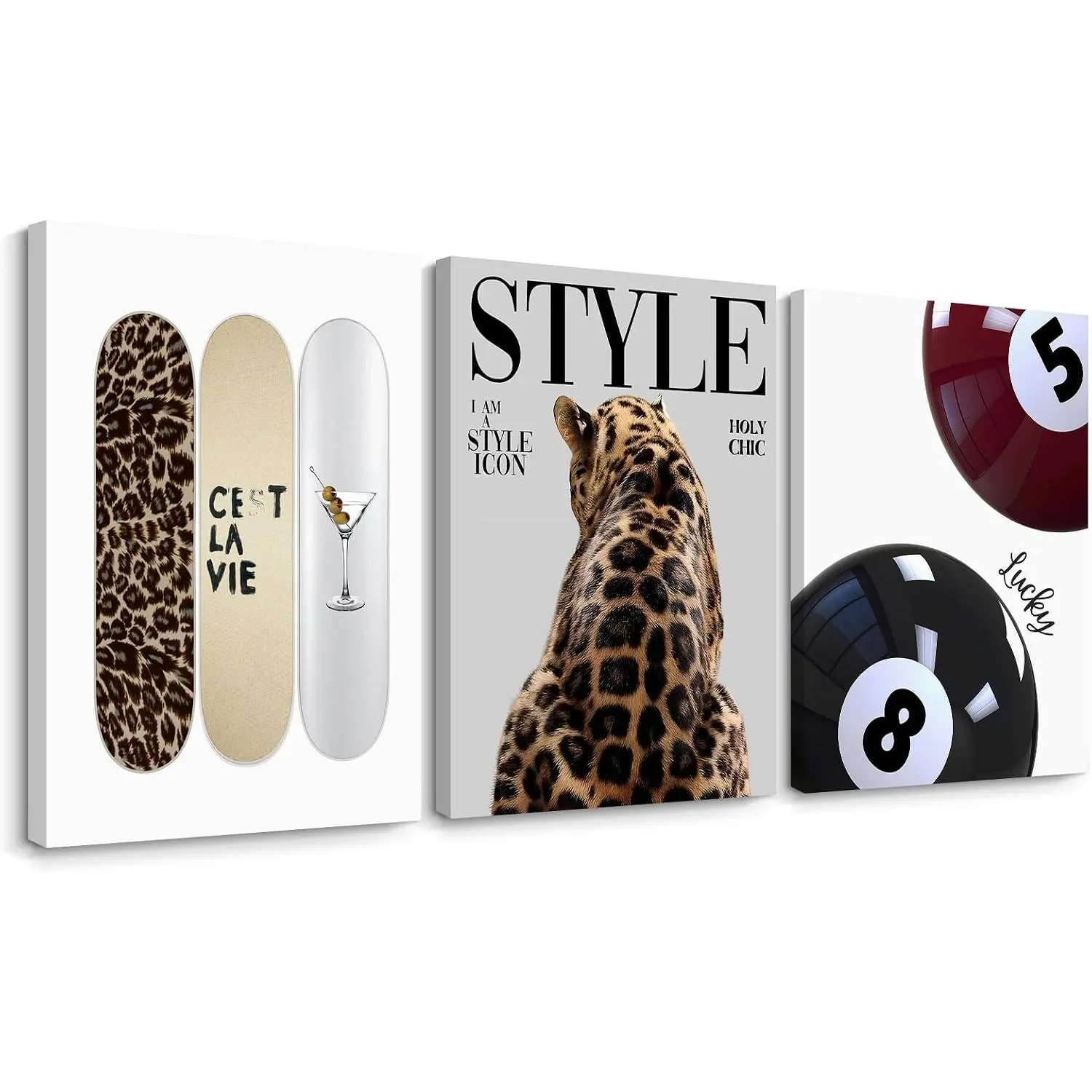 Trendy Cheetah Wall Decor Prints Preppy Leopard Wall Aesthetic Skateboard Canvas Poster Lucky 8 Ball Pictures Retro Fashion Painting for Bedroom Girl Room 12x16 Inch Framed Set of 3