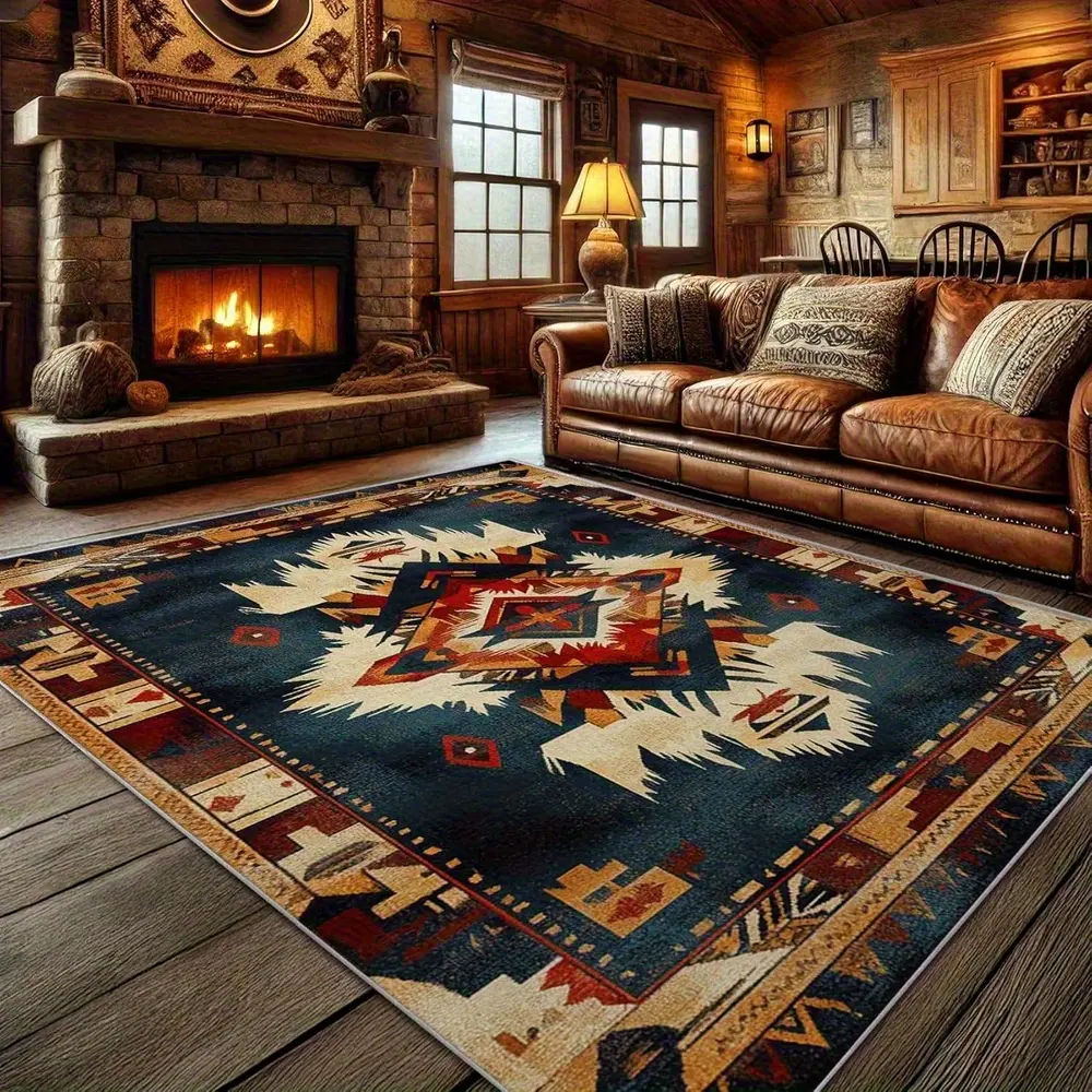 AimzzaSKY Native American Tribal Rug Suitable for Home, Southwestern Aztec Carpet with Multicolor Patterns (Blue/Red/Black/Beige/Brown), Thick Pile Machine Washable for Living Room, Bedroom, Entryway - Indigenous Women Gift Idea