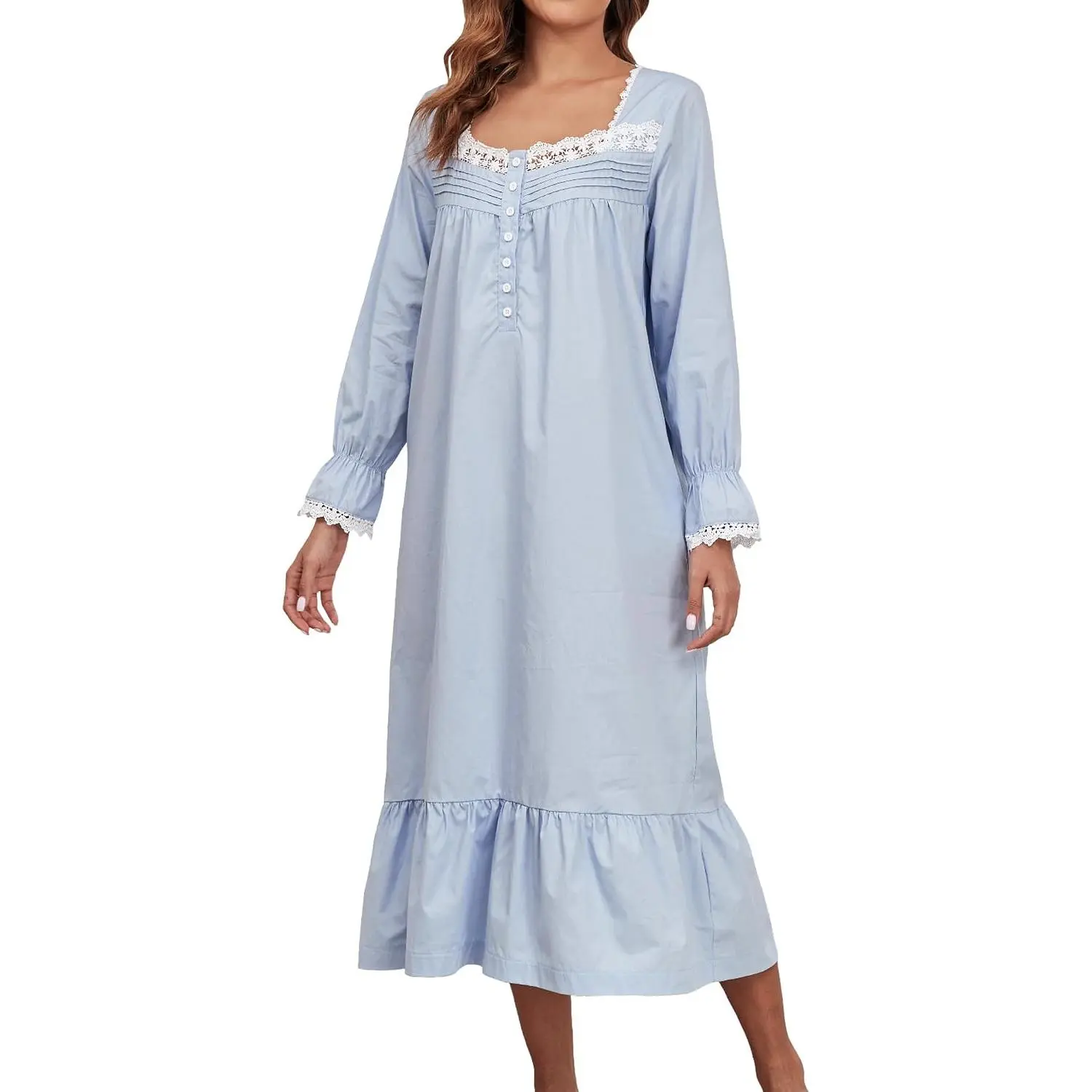 Viakeo 100% Cotton Nightgowns For Women Victorian Night Gown Long Sleeve House Dress With Pockets
