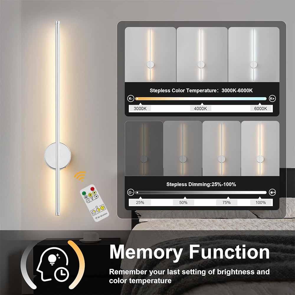 Modern LED Rechargeable Wall Light, Adjustable Wireless Wall Lamp with Remote, 3 Color Temperatures, 19.7 Inch Chrome Finish, Bedroom Living Room Hallway